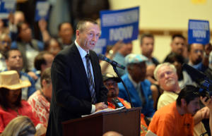 Kory Judd, Chevron Richmond general manager, speaks in favor of the refinery’s proposed modernization project during a public feedback meeting at the